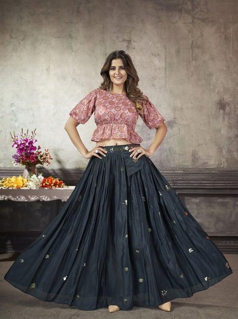 shubhkala pink & navy embellished crop top and skirt set