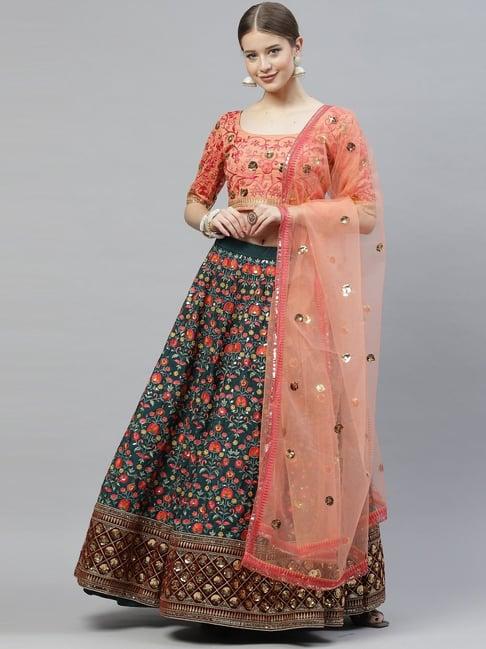 shubhkala teal green & peach silk embroidered lehenga and choli set with dupatta