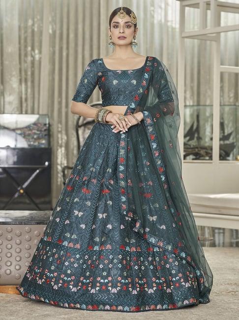 shubhkala teal green silk embroidered lehenga and choli set with dupatta