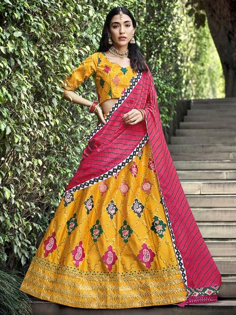 shubhkala yellow & pink silk embroidered lehenga and choli set with dupatta