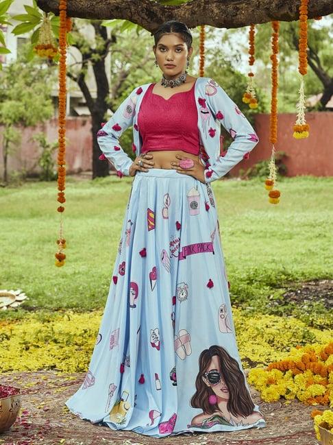 shubhkala sky blue cotton printed lehenga and choli set with dupatta