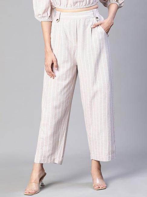 oxolloxo beige & white cotton striped mid rise pants