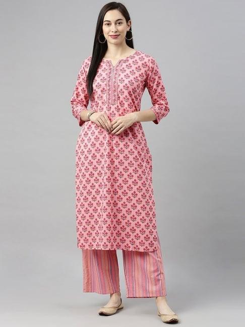 blissta pink cotton floral print kurta palazzo set