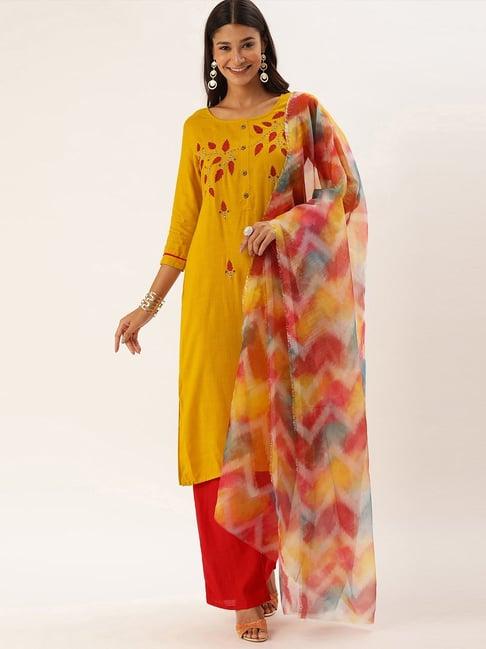 blissta mustard & red embroidered kurta palazzo set