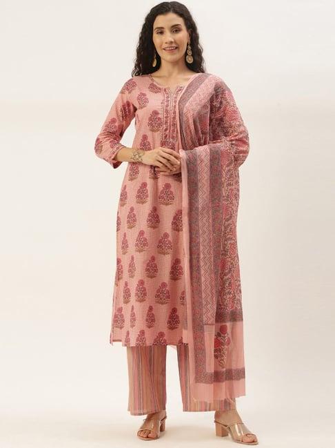 blissta peach cotton floral print kurta palazzo set with dupatta