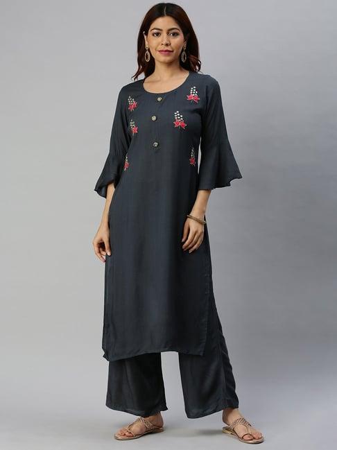 blissta black embroidered kurta palazzo set