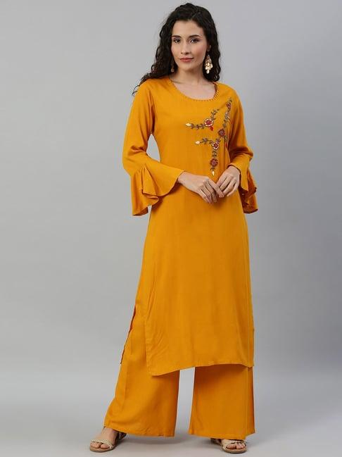 blissta mustard embroidered kurta palazzo set