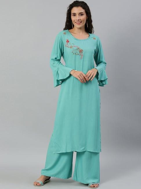 blissta turquoise embroidered kurta palazzo set