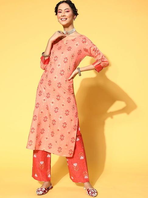 blissta peach cotton printed kurta palazzo set