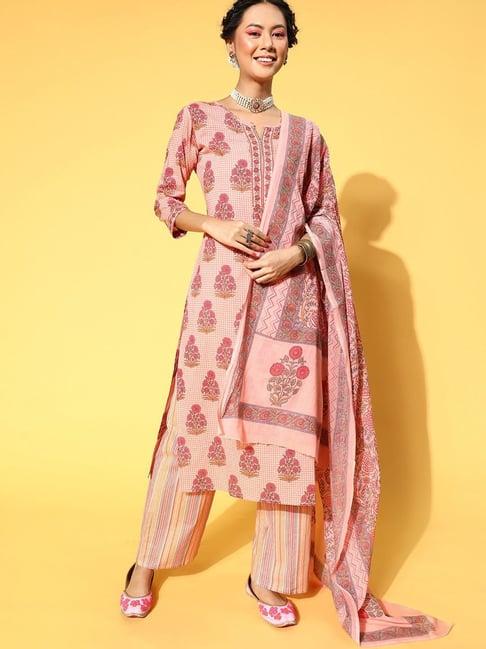 blissta peach cotton printed kurta palazzo set with dupatta