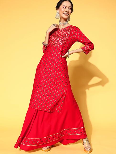 blissta red printed kurta skirt set