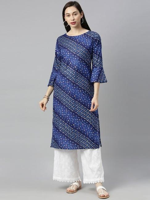 blissta blue cotton bandhani print straight kurta