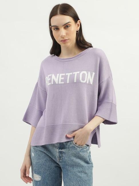 united colors of benetton purple cotton graphic print sweater