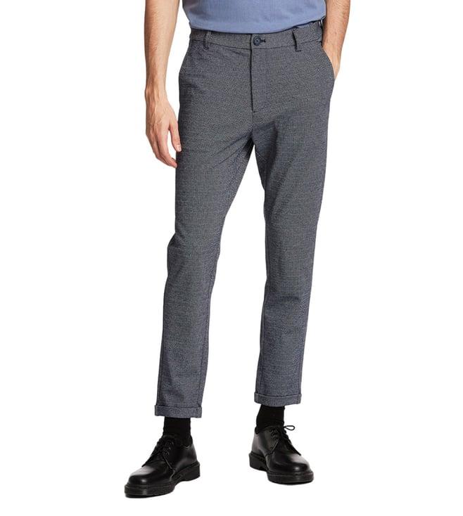 lindbergh navy blue patterned slim fit flat front trousers