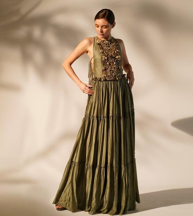 nikita mhaisalkar olive green wsn halter neck maxi dress