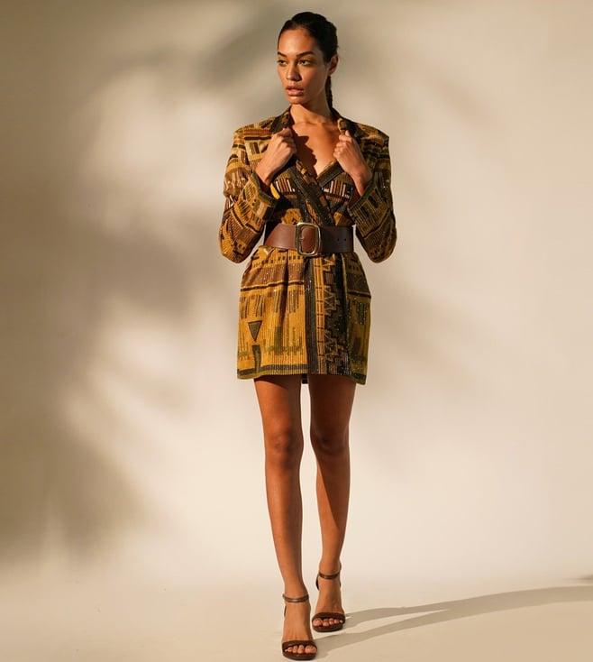 nikita mhaisalkar mustard wsn aztec print short blazer dress belt