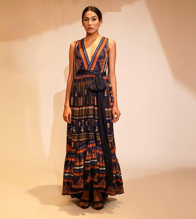 nikita mhaisalkar midnight blue wsn aztec print maxi dress