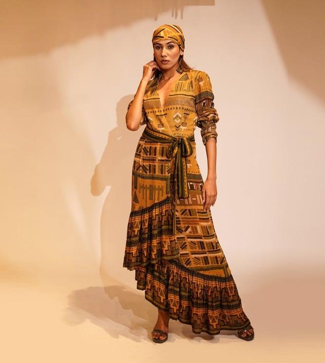 nikita mhaisalkar mustard wsn aztec print ruffle maxi dress with belt