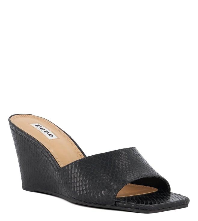 dune london women's motel black slide wedges (animal attack)