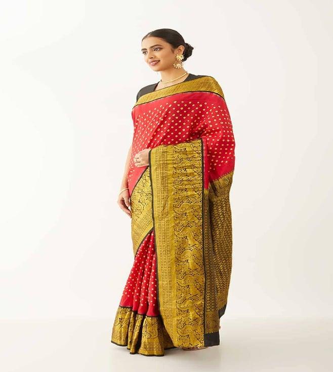 taneira red silk printed saree