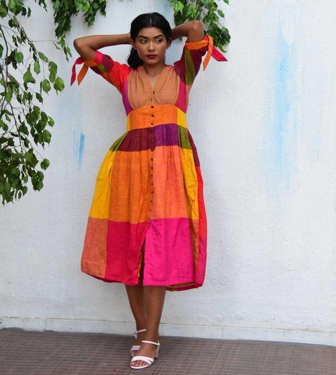 chidiyaa multi rainbow cafe technicolor handwoven cotton dress