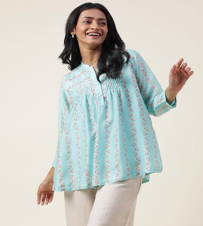 fabindia turquoise rayon blend pintucks tunic with slip