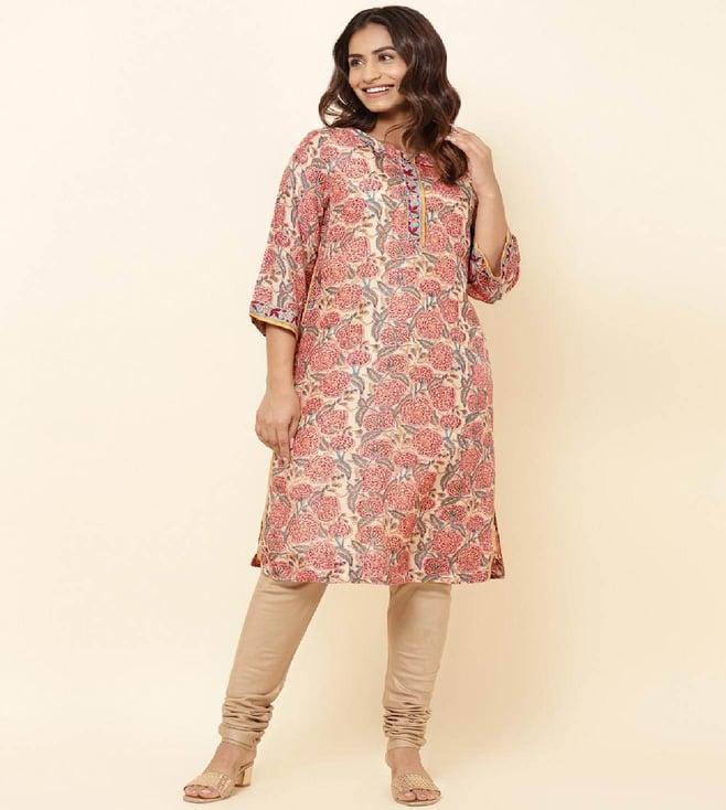 fabindia red rayon blend printed knee length kurta with slip