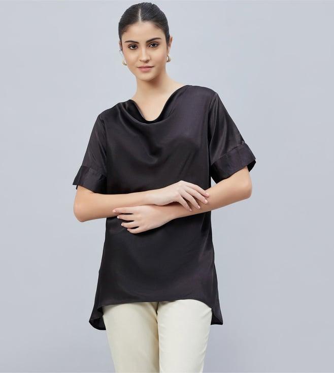 first resort by ramola bachchan black cowl neck embellished satin shirt