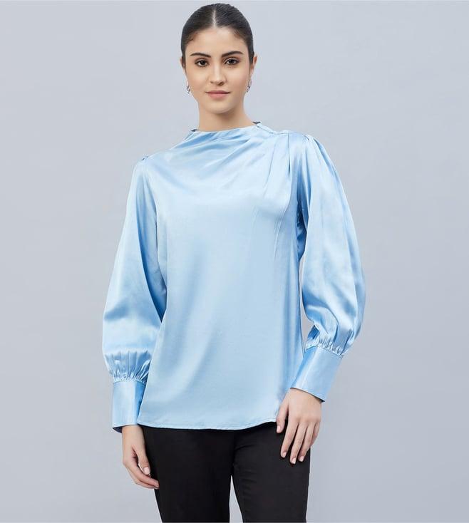 first resort by ramola bachchan blue shoulder pleated embellished satin shirt