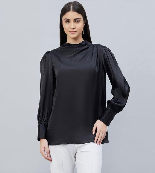 first resort by ramola bachchan black shoulder pleated embellished satin shirt