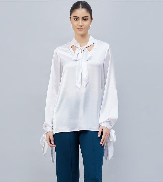 first resort by ramola bachchan white neck-tie embellished satin shirt