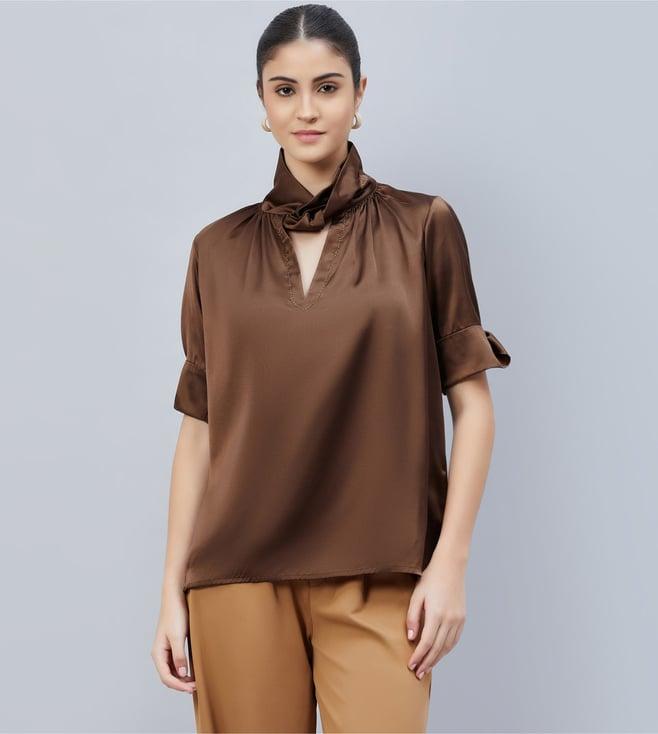 first resort by ramola bachchan brown twisted embellished satin shirt