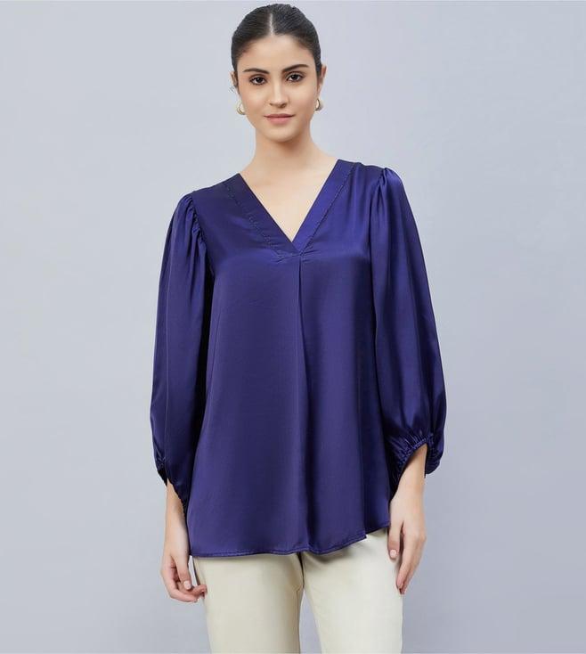 first resort by ramola bachchan navy blue v-neck embellished satin shirt