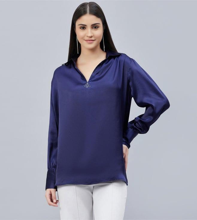 first resort by ramola bachchan navy blue v-neck gathered embellished satin shirt