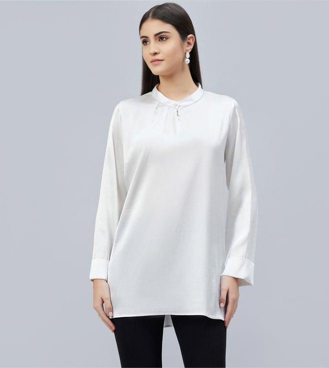 first resort by ramola bachchan white one side pleated embellished satin shirt