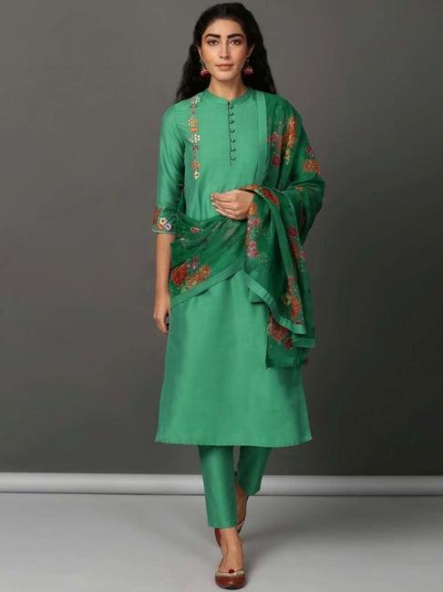 nuhh green lets toast kurta and pant set with dupatta