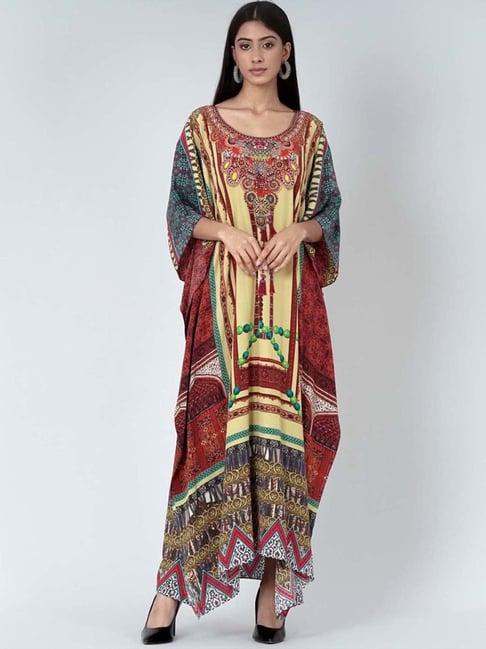 first resort by ramola bachchan yellow & brown tassel print embellished silk full length kaftan