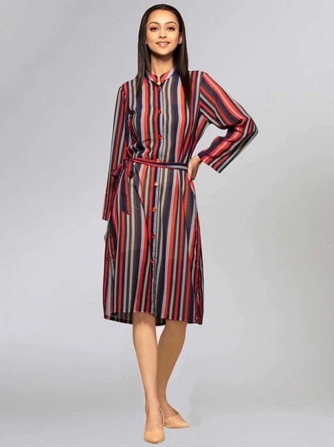 first resort by ramola bachchan vibrant red and black striped shirt dress