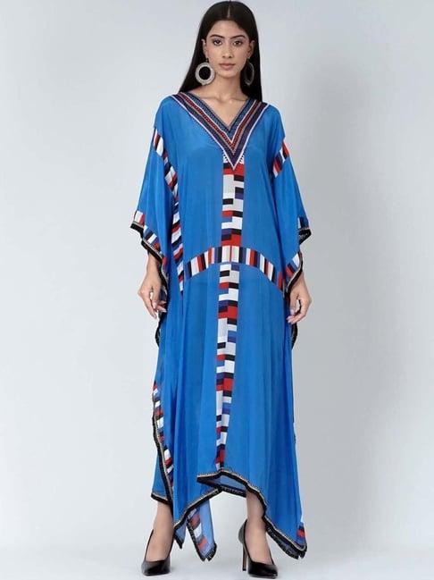 first resort by ramola bachchan royal blue geometric mid length kaftan with lace