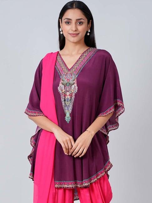 first resort by ramola bachchan wine silk embellished tunic