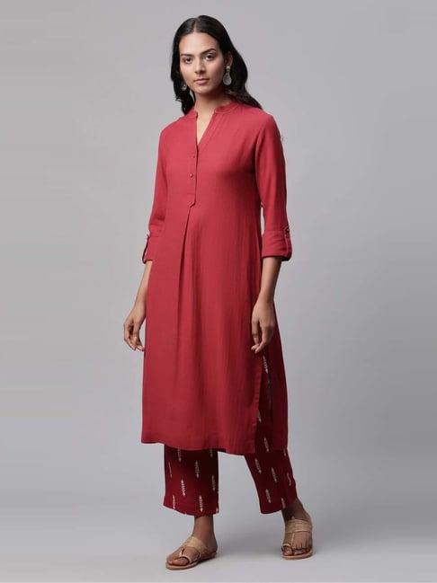 linen club maroon kurta set