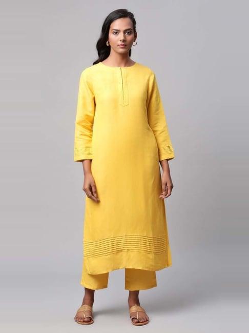 linen club yellow beadwork kurta set