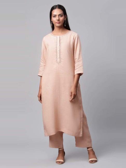 linen club pink embrodiered kurta set