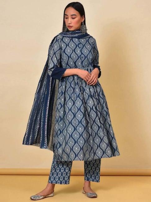 nuhh susegad find your mojo indigo kurta pant & dupatta set