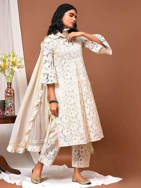 nuhh susegad lace work kurta pant & dupatta set