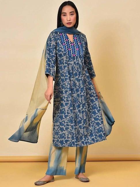 nuhh susegad trance blue kurta pant & dupatta set