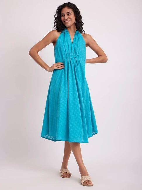 pink fort blue self pattern a-line dress