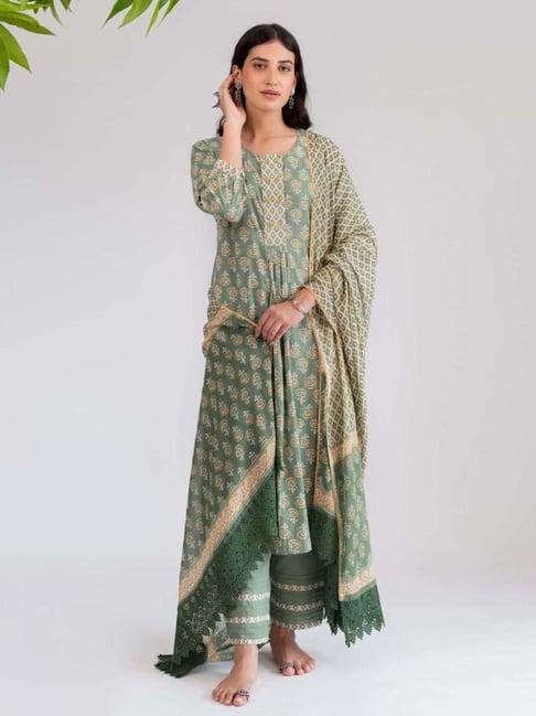 prakriti jaipur multi-color phool mandi green pleated kurta