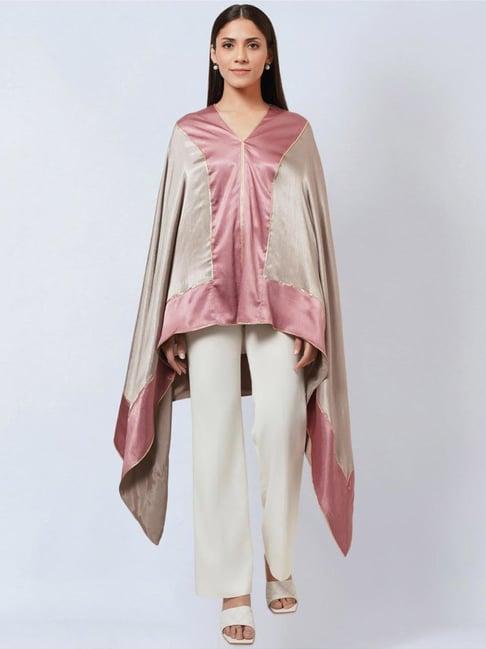 first resort by ramola bachchan ecru satin asymmetrical tunic with dusty rose border