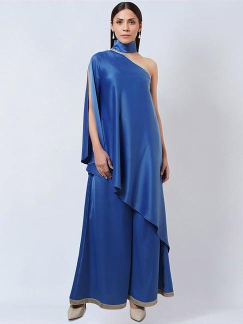 first resort by ramola bachchan azure blue one-shoulder asymmetric tunic